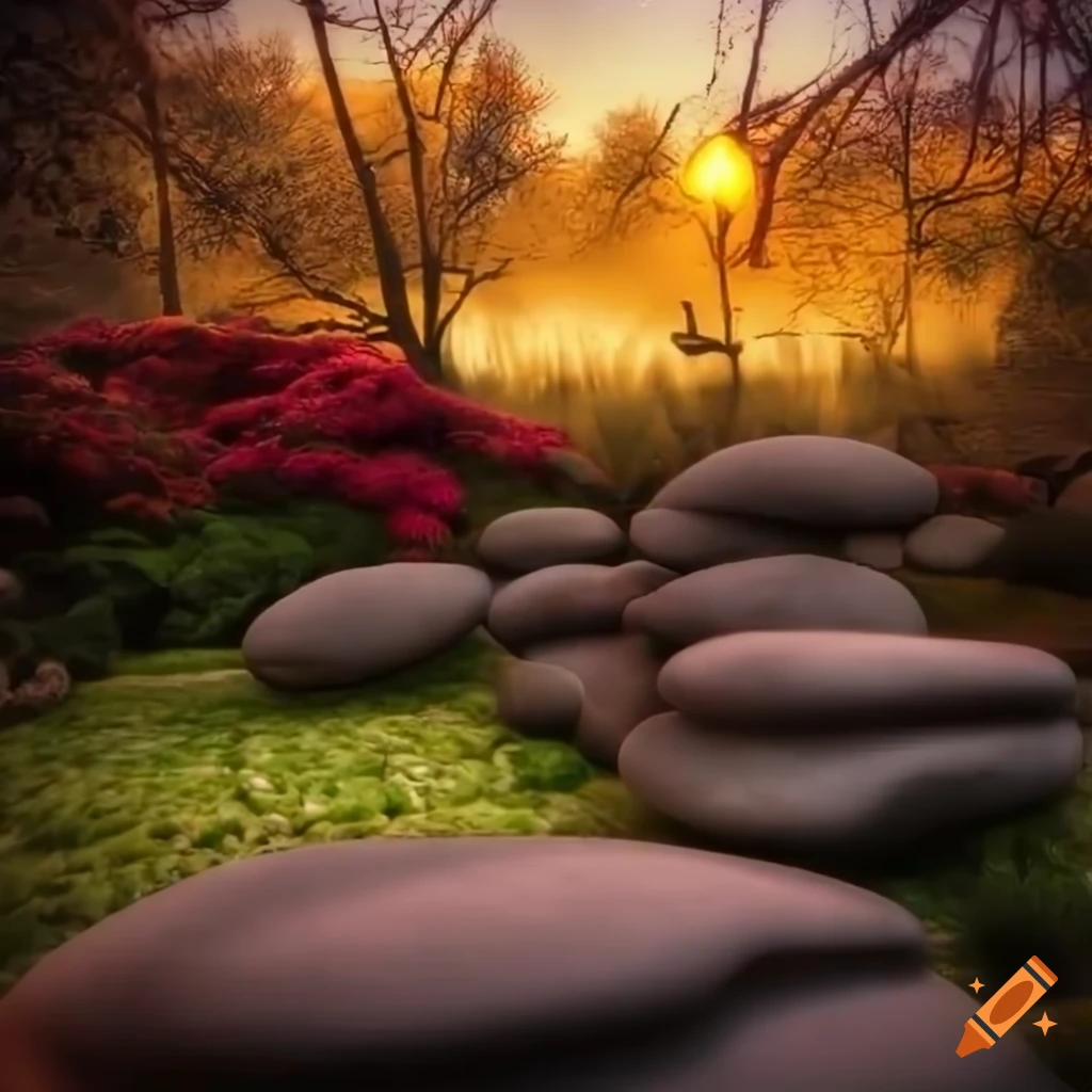 Japanese Zen garden with rocks, wood, and blooming flowers at sunset in 8K HDR film grain