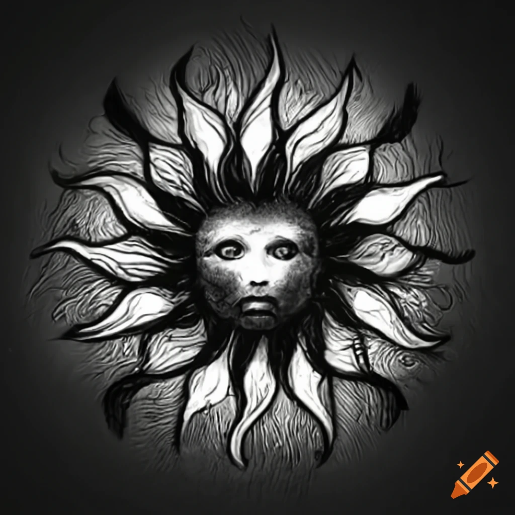 Sun logo in black metal style in black and white