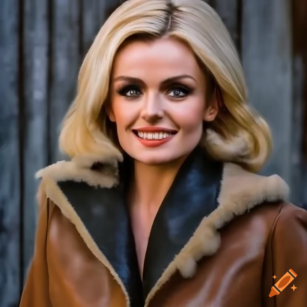 Blonde woman in a sheepskin bomber jacket and black leather trousers standing in a doorway