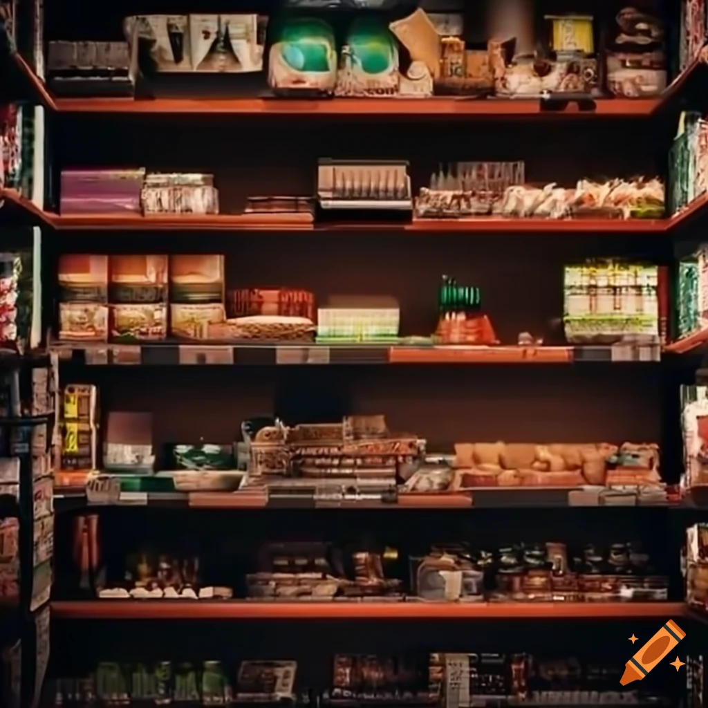 Side view of zoomed store shelves filled with interesting items in 8k