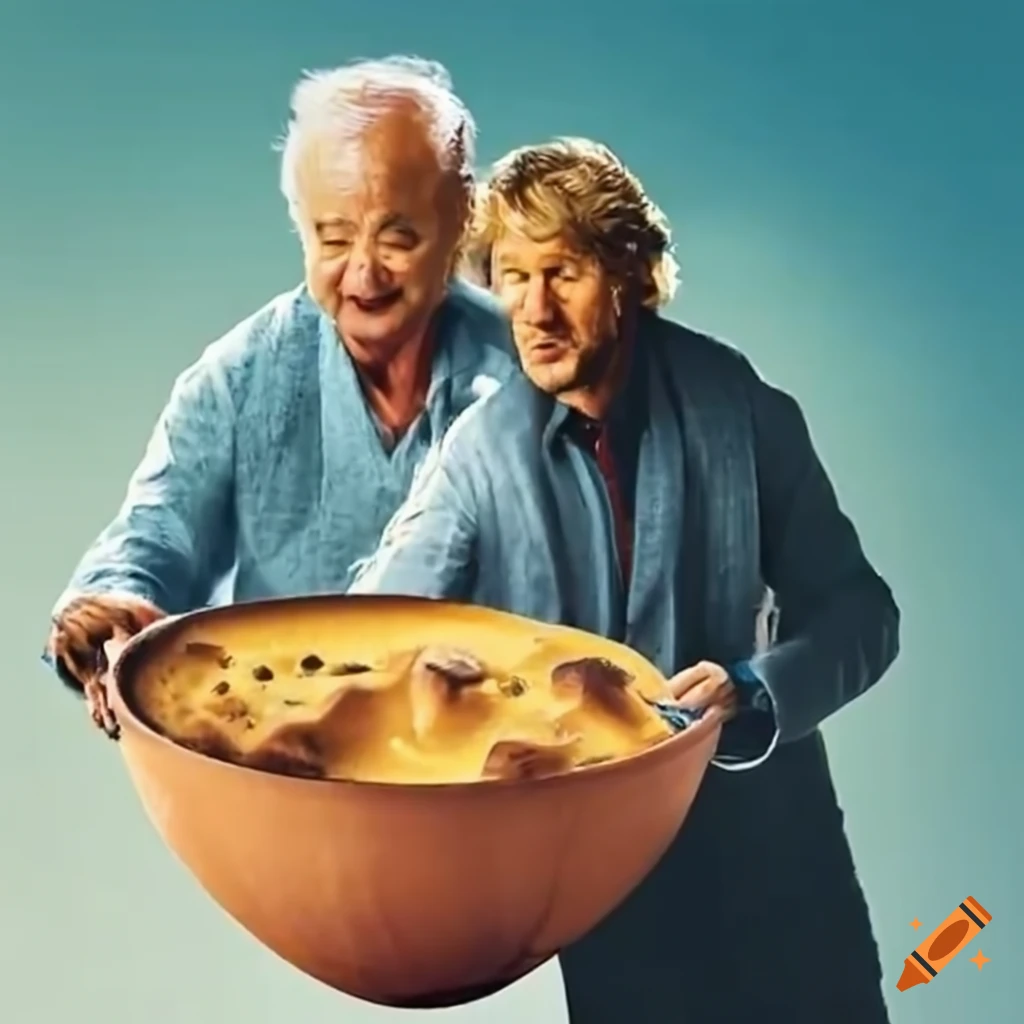 Celebrity duo offering bread pudding to a Native American