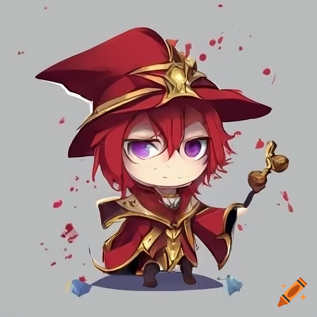 Anime chibi mage in red and gold dress with glasses and red hair