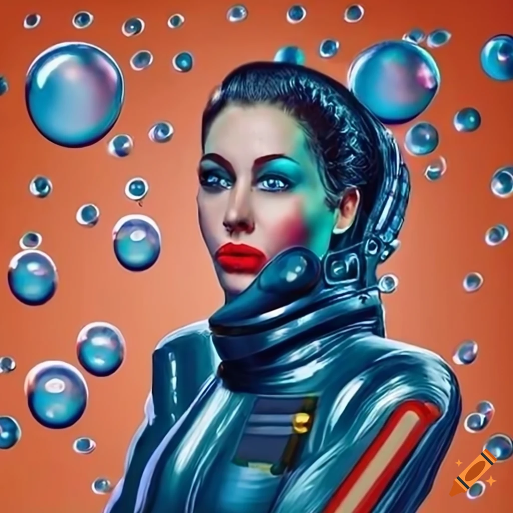 Retrofuturistic astronaut woman in a space suit surrounded by floating bubbles on an orange background