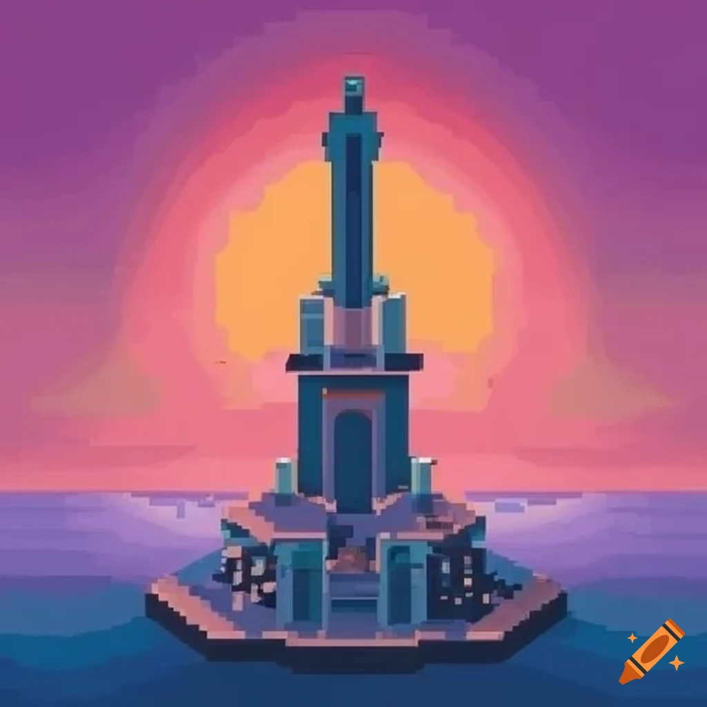 Isometric pixel art of modern monument at sunset on Craiyon