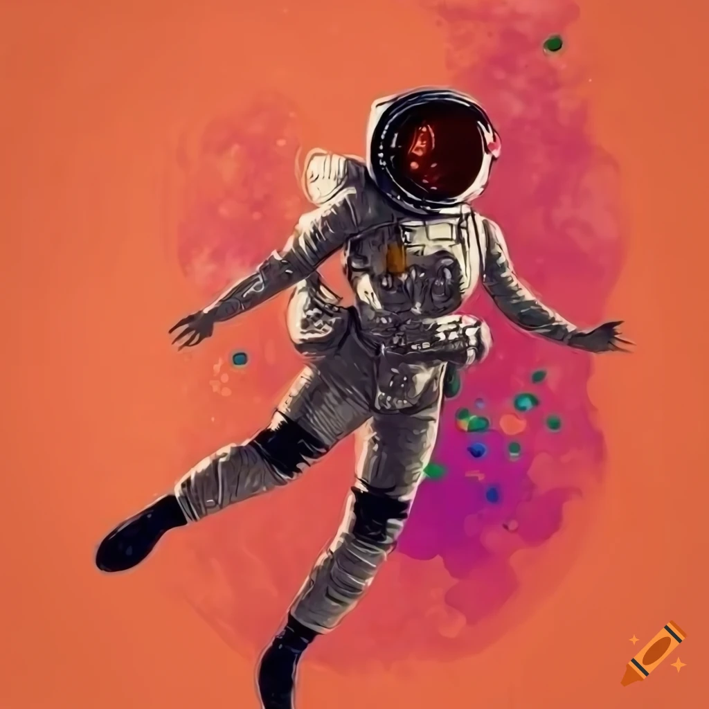 Retrofuturistic astronaut woman in a colorful space setting