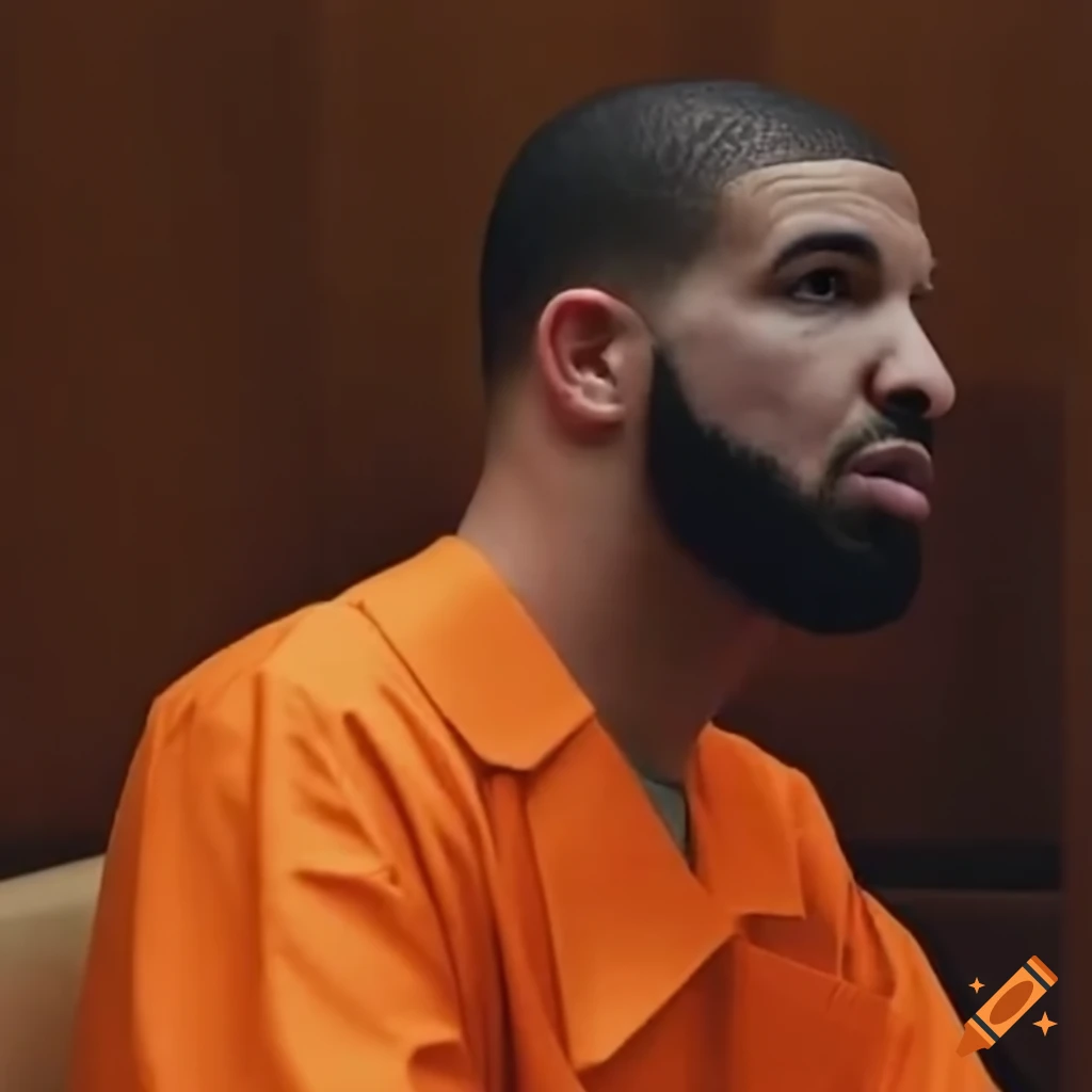 Drake in an interrogation room wearing an orange jumpsuit on Craiyon