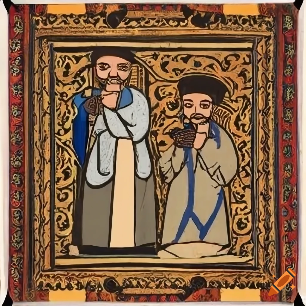 Qajar-style background with medieval men holding objects, Ethiopian woodcut by Nicomachus of Thebes