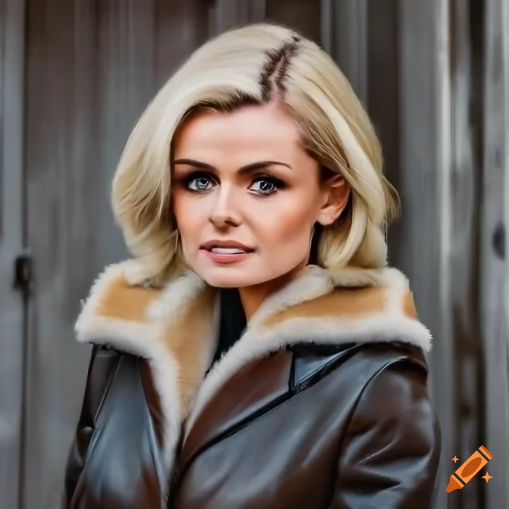 Blonde woman in a sheepskin bomber jacket and black leather trousers standing in a doorway