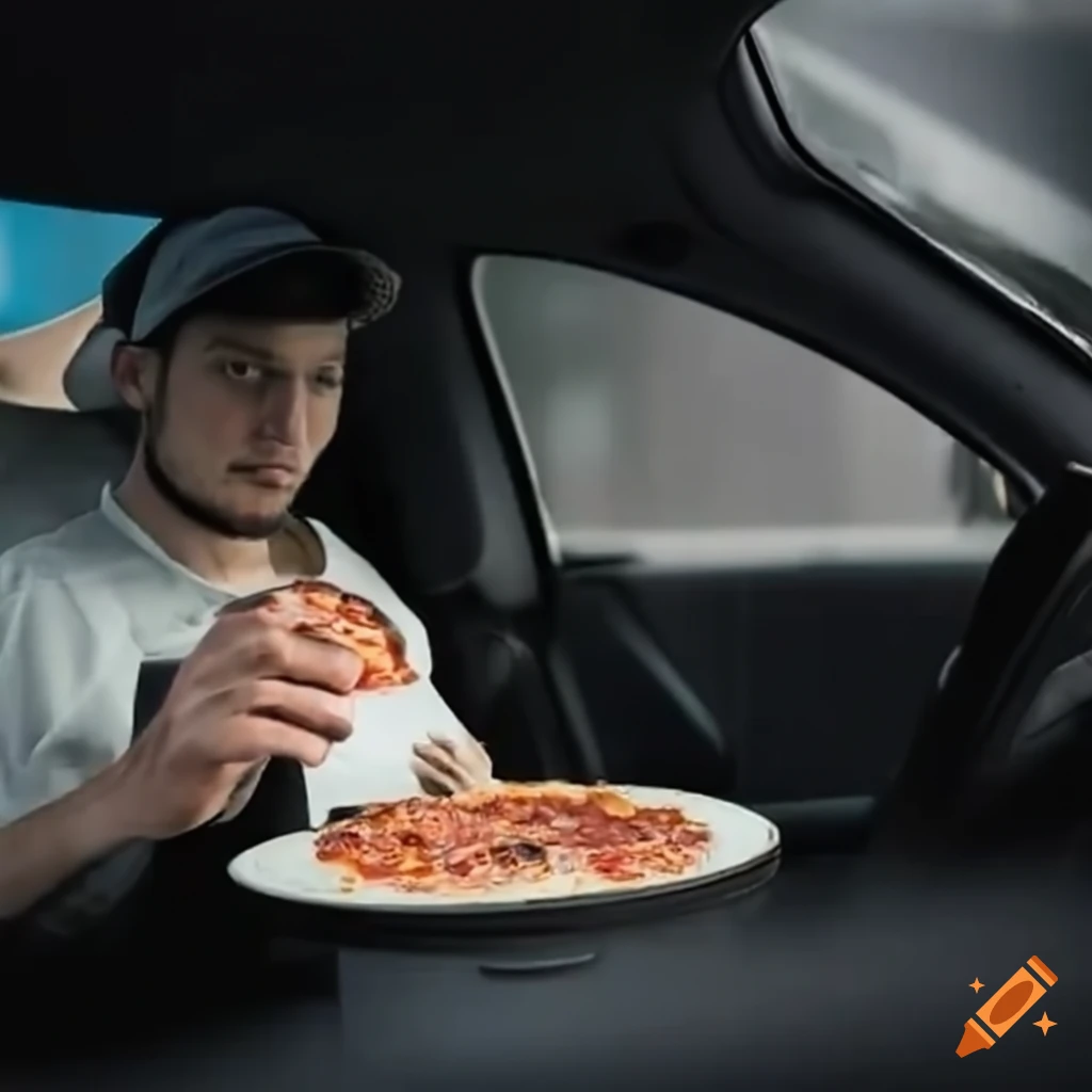 Pizza delivery man enjoying pizza while driving