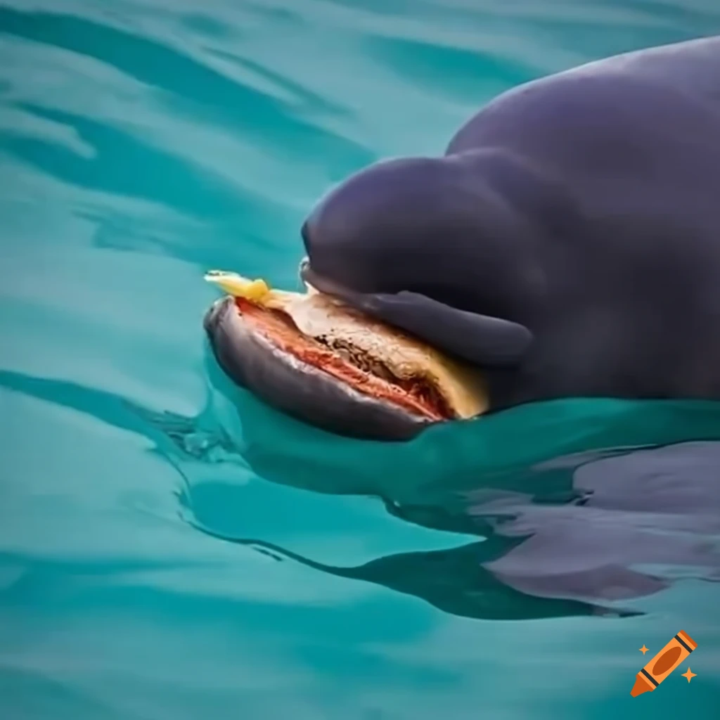 Black beluga whale eating a burger