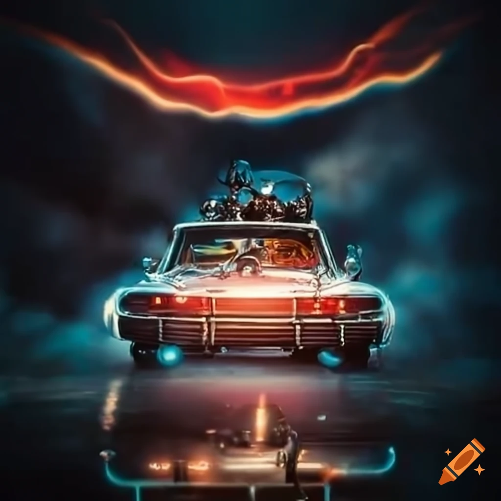 Ghostbuster in front of black ghostbusters hotrod