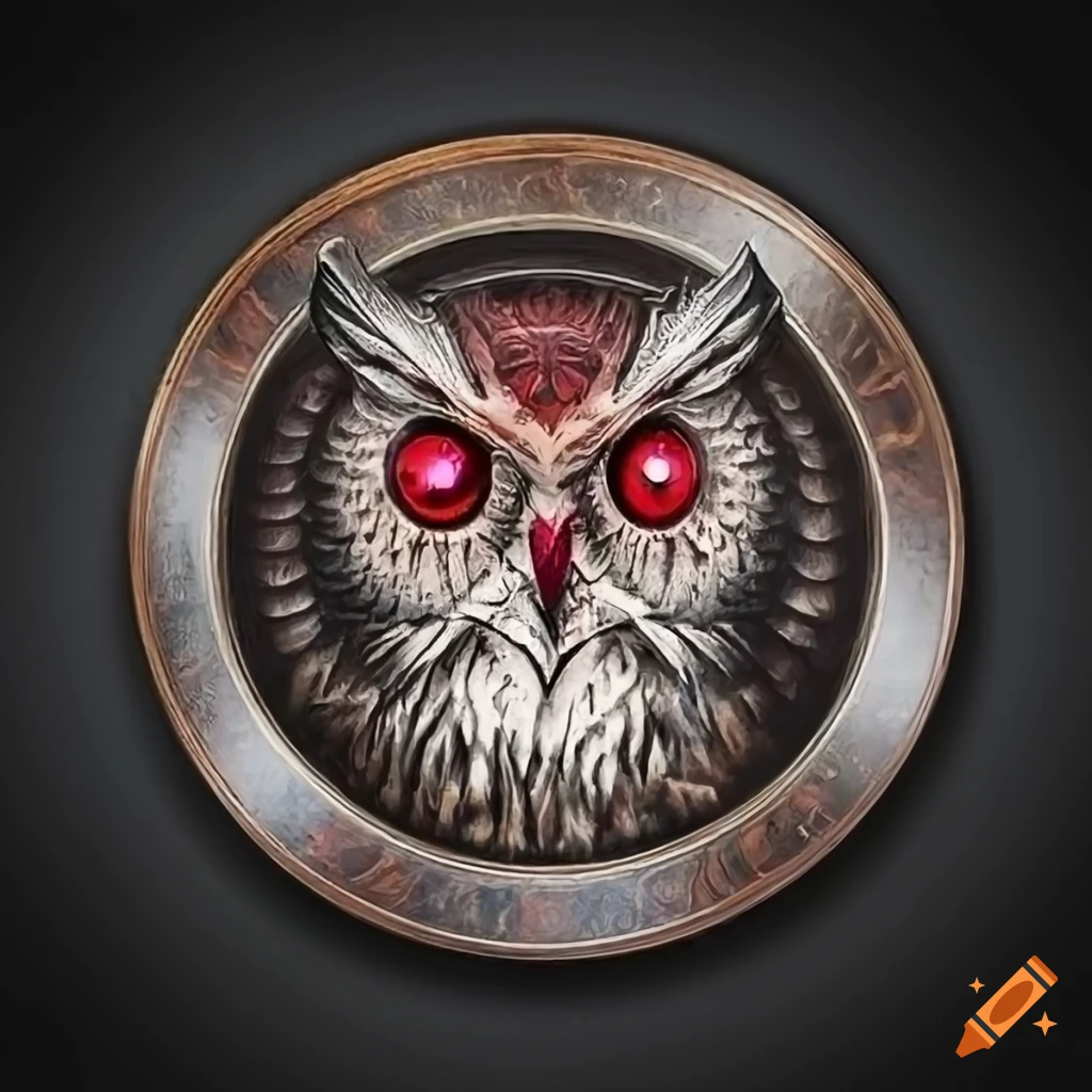 Owl emblem on dark metal with red gemstone eyes in digital art