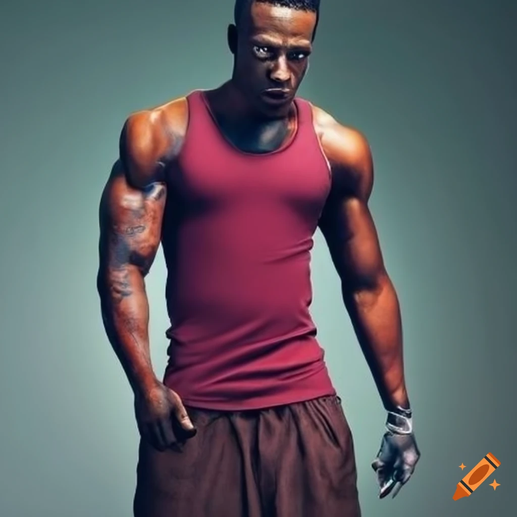 Muscular African-American man in a burgundy tanktop displaying his ink