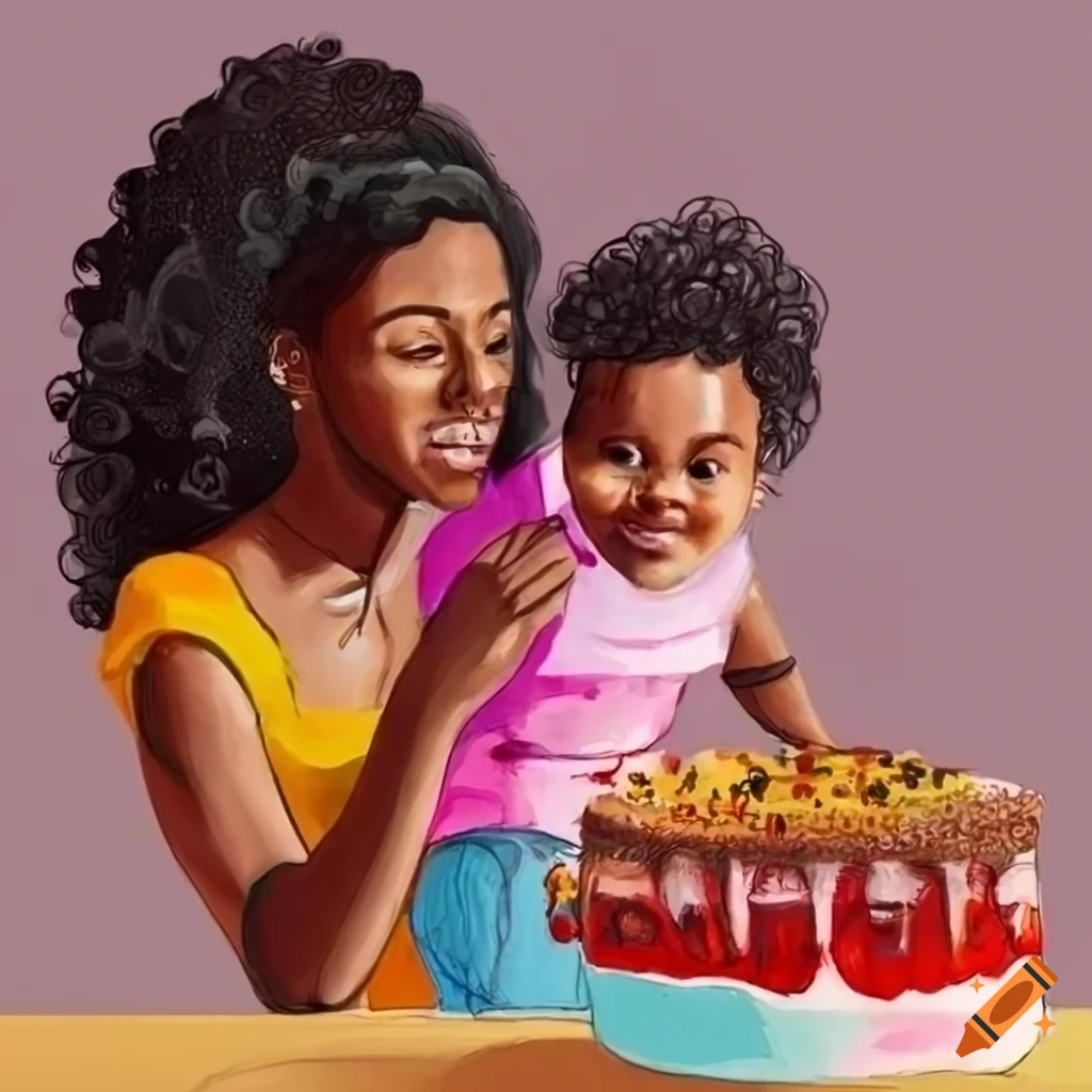 Black mother making a cake with her child in a cozy kitchen