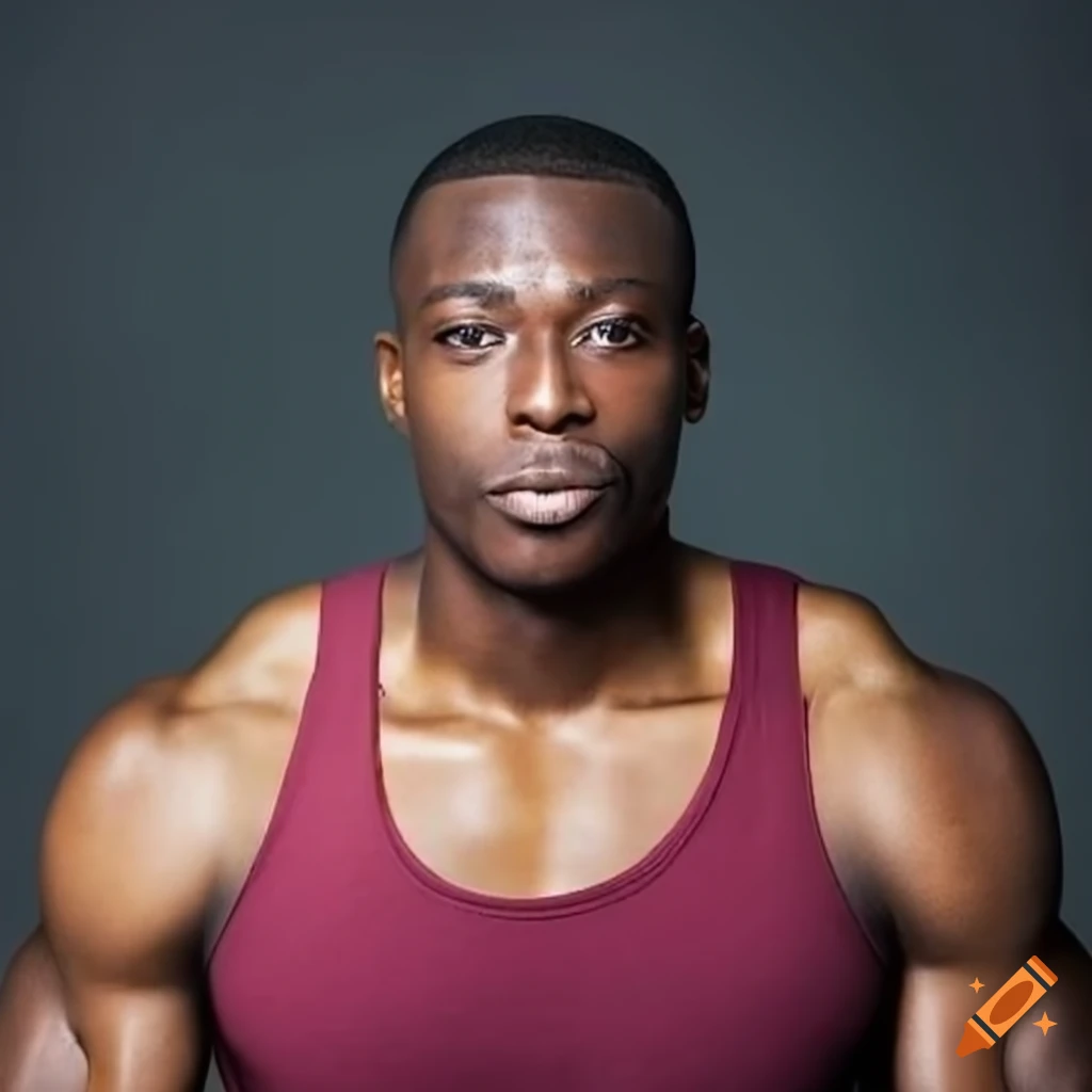 Empowering image of a muscular man with brown eyes in a burgundy tank top