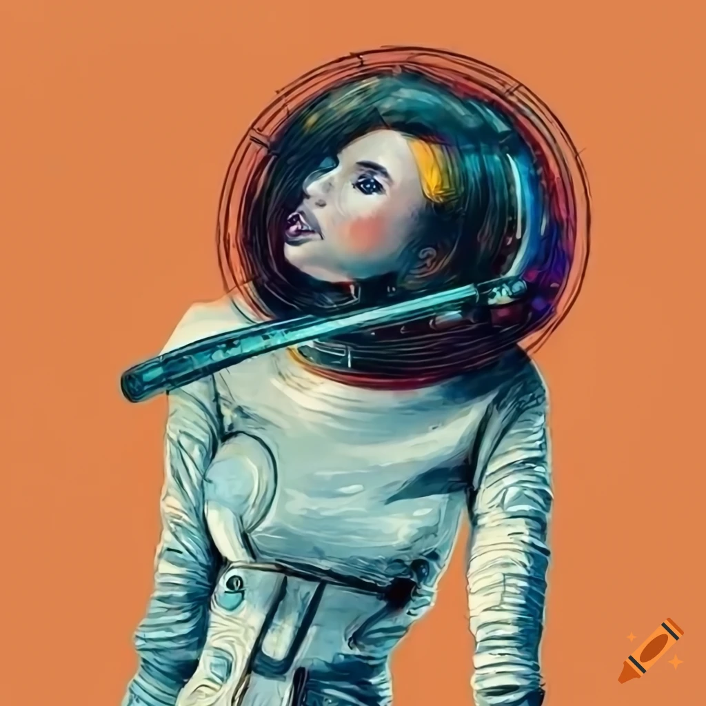 Retrofuturistic astronaut woman in space suit surrounded by colorful bubbles on orange background