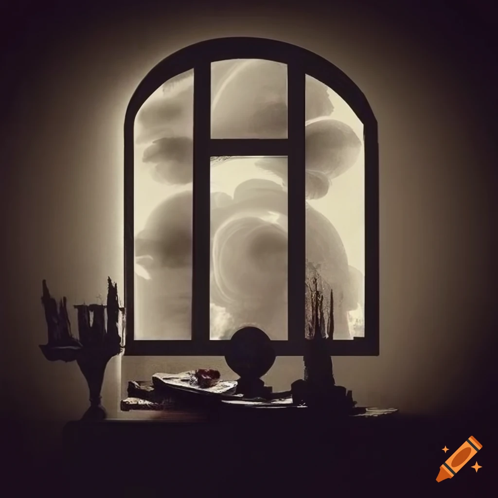 Retro 1950s surrealist graphic art with rooms, windows, and strange sky forms