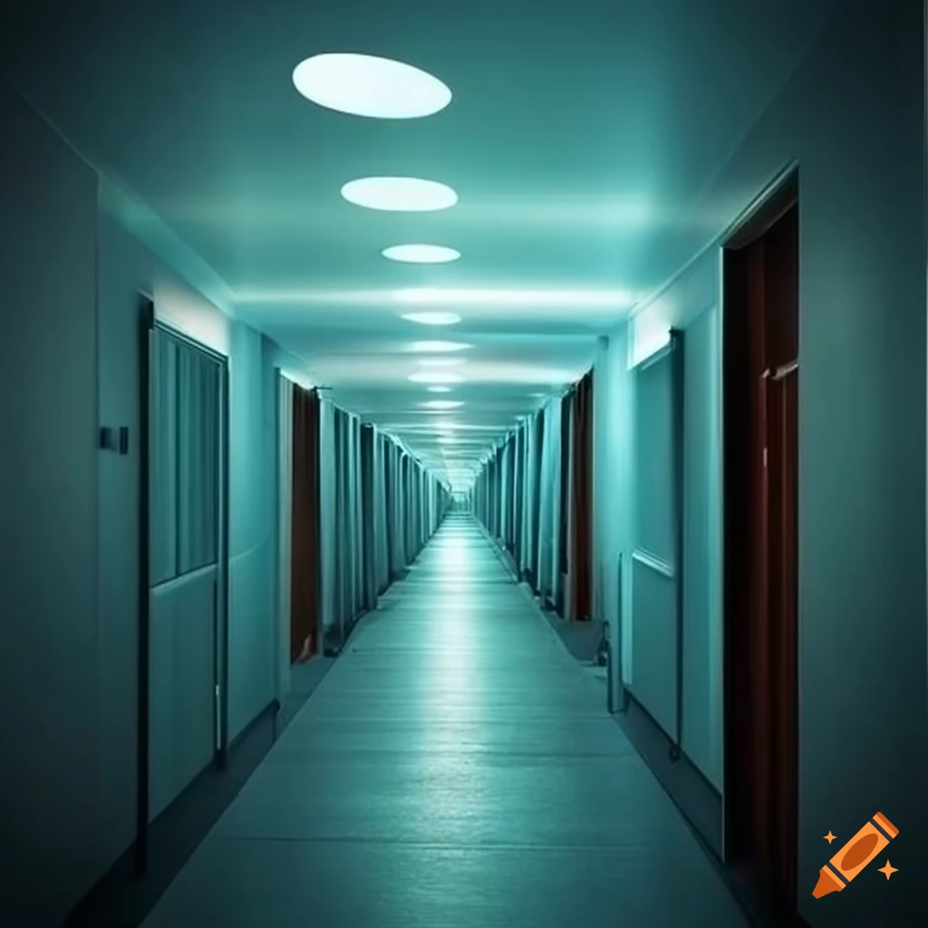 Pasillo de un hospital con luces tenues