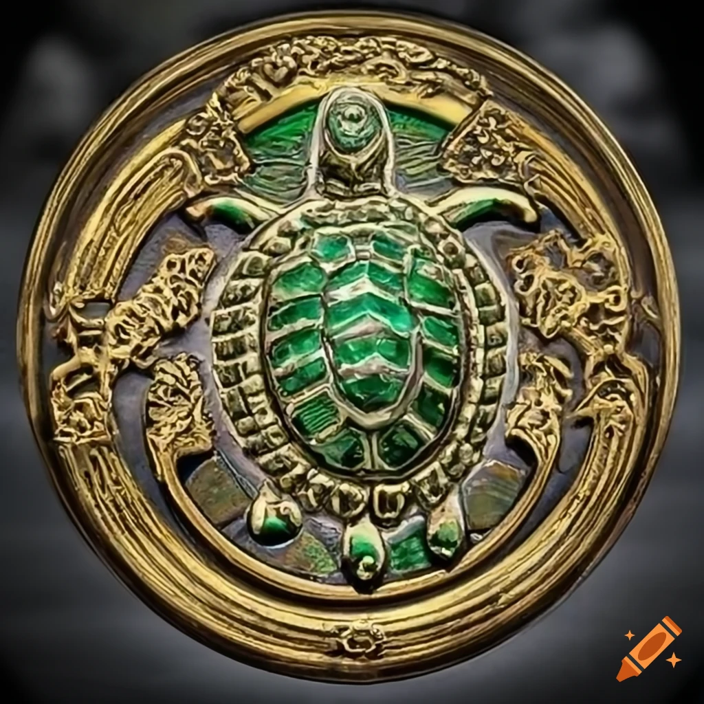 Brass emblem with a turtle motif and inlaid emerald gems in digital art