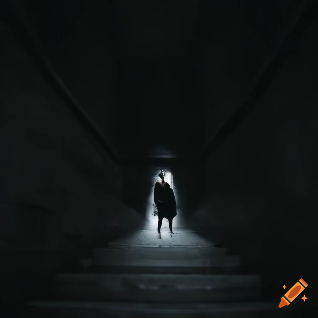 Person looking down dark staircase