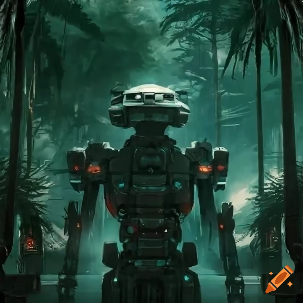 High definition cinematic 70s style fantasy mecha spaceship with two people in a jungle setting