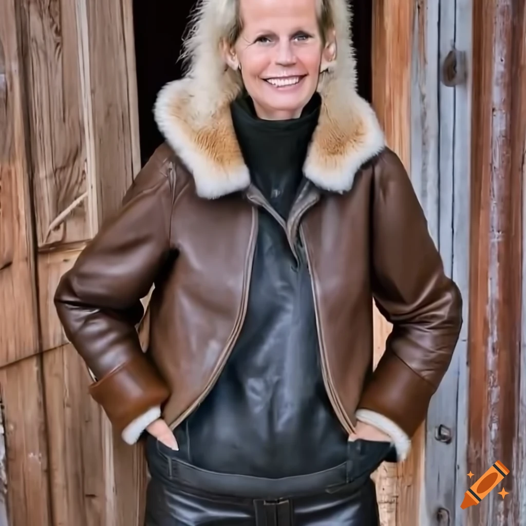 Woman in sheepskin bomber jacket and leather trousers standing in doorway of barn