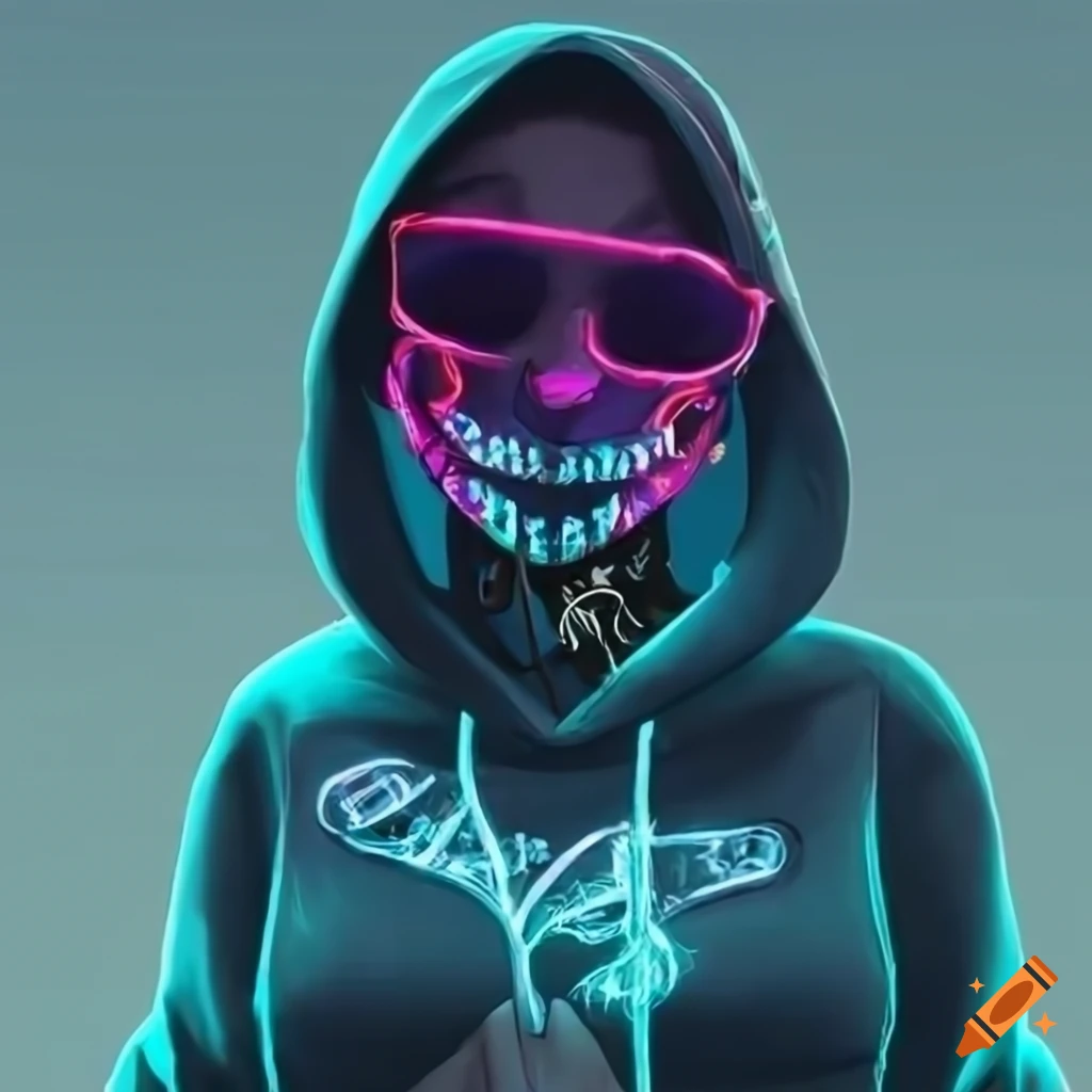 Female cyberpunk avatar in neon hoodie and sunglasses with face tattoos