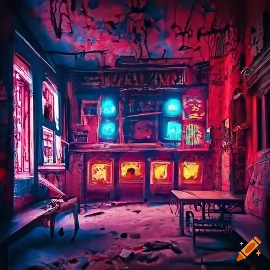 Intricately detailed post-apocalyptic bar named Shelter with dusty ...