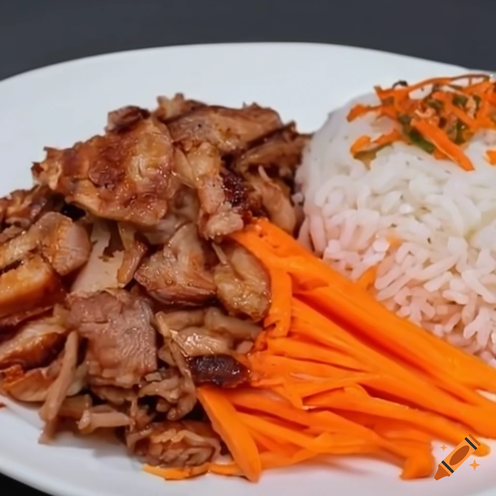 Sticky rice with chili fried pork slices and shredded carrots on a plate