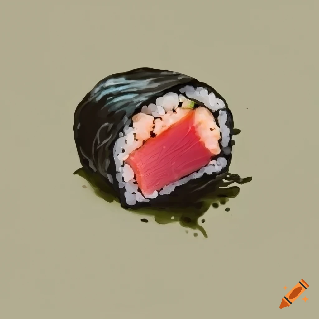 Traditional painting of fresh tuna hosomaki sushi roll