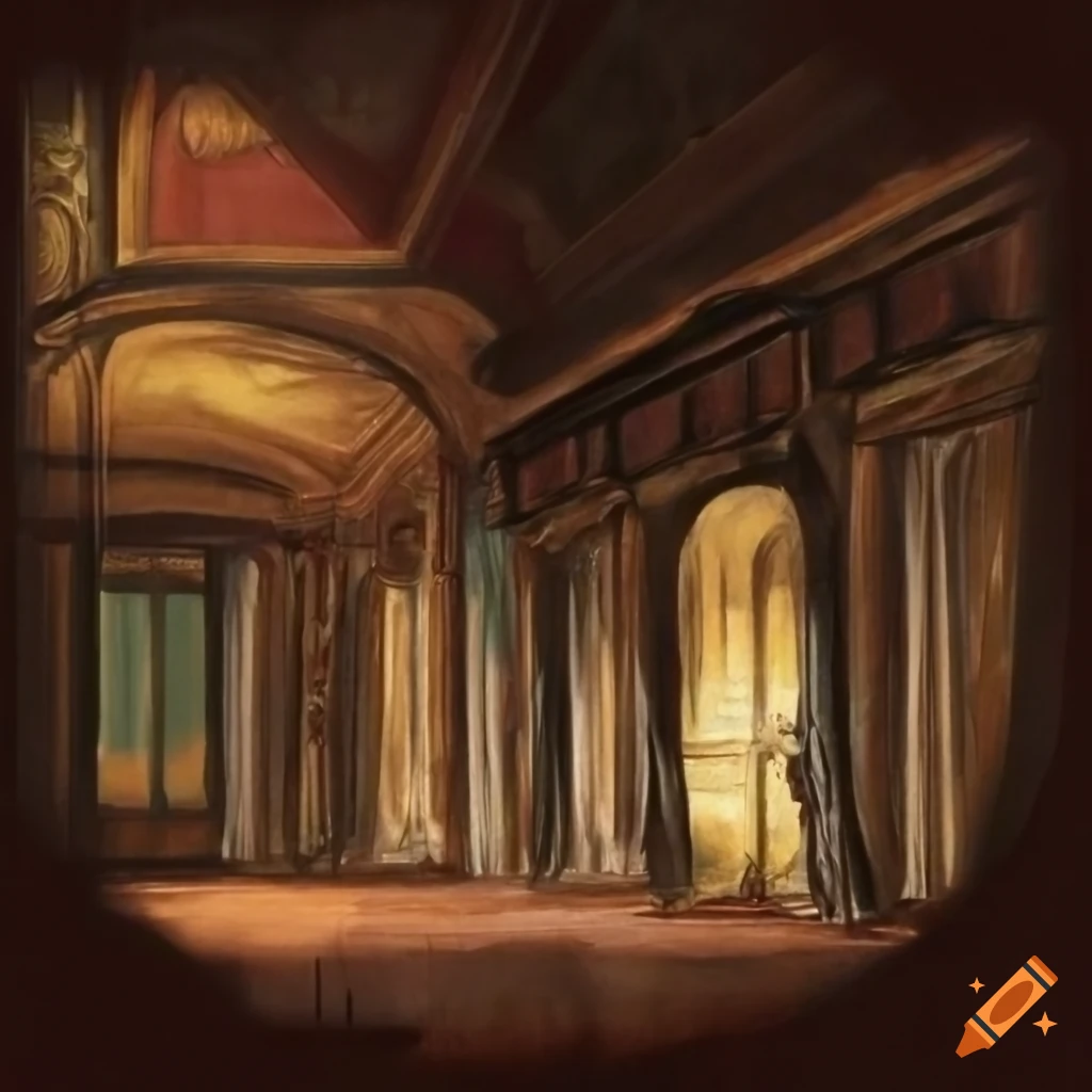 Antique French salon of the three musketeers in a mysterious and dangerous old French setting, dark salon with dramatic lighting