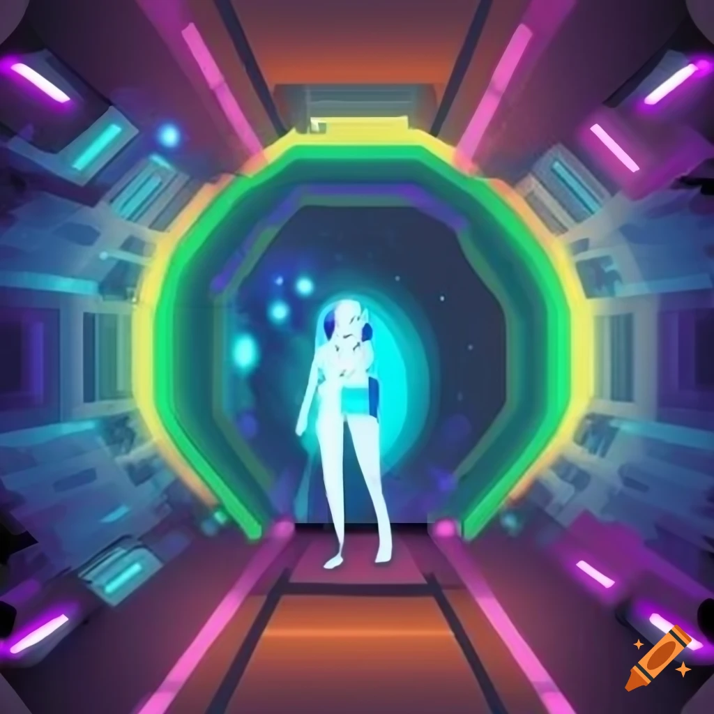 Woman walking through a teleportation portal in a clip art style