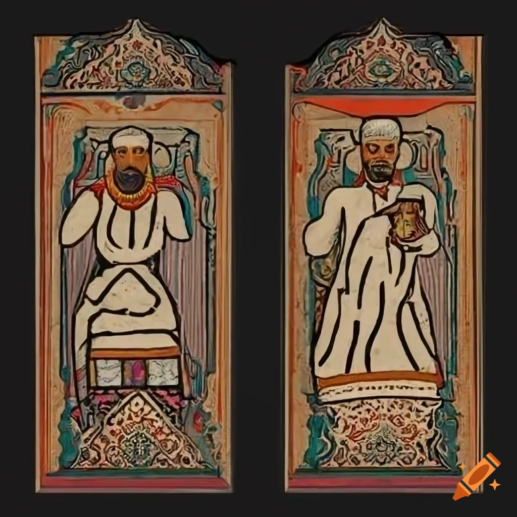 Qajar-style background with medieval men holding objects, Ethiopian woodcut by Nicomachus of Thebes