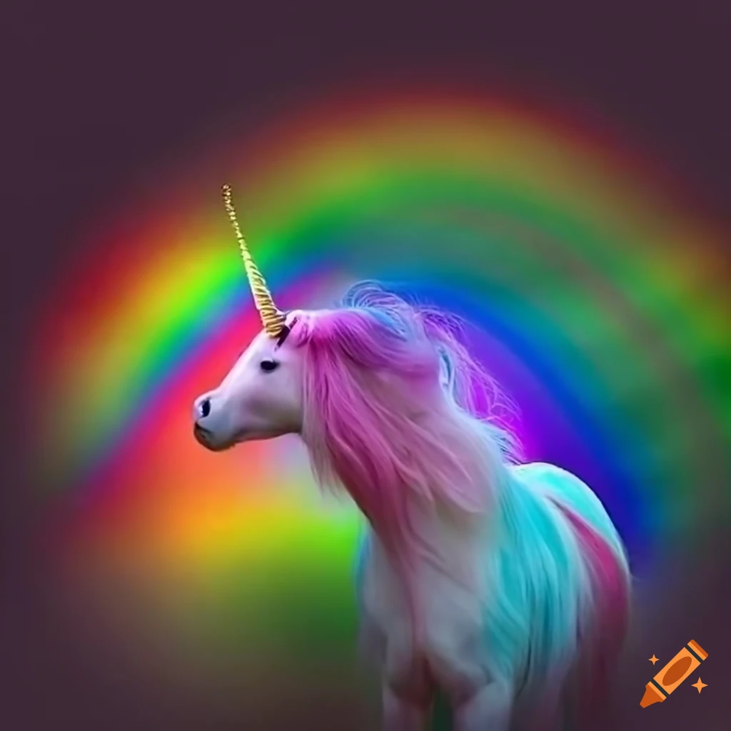 Colorful happy pink and fluffy unicorns dancing on rainbows with blue
