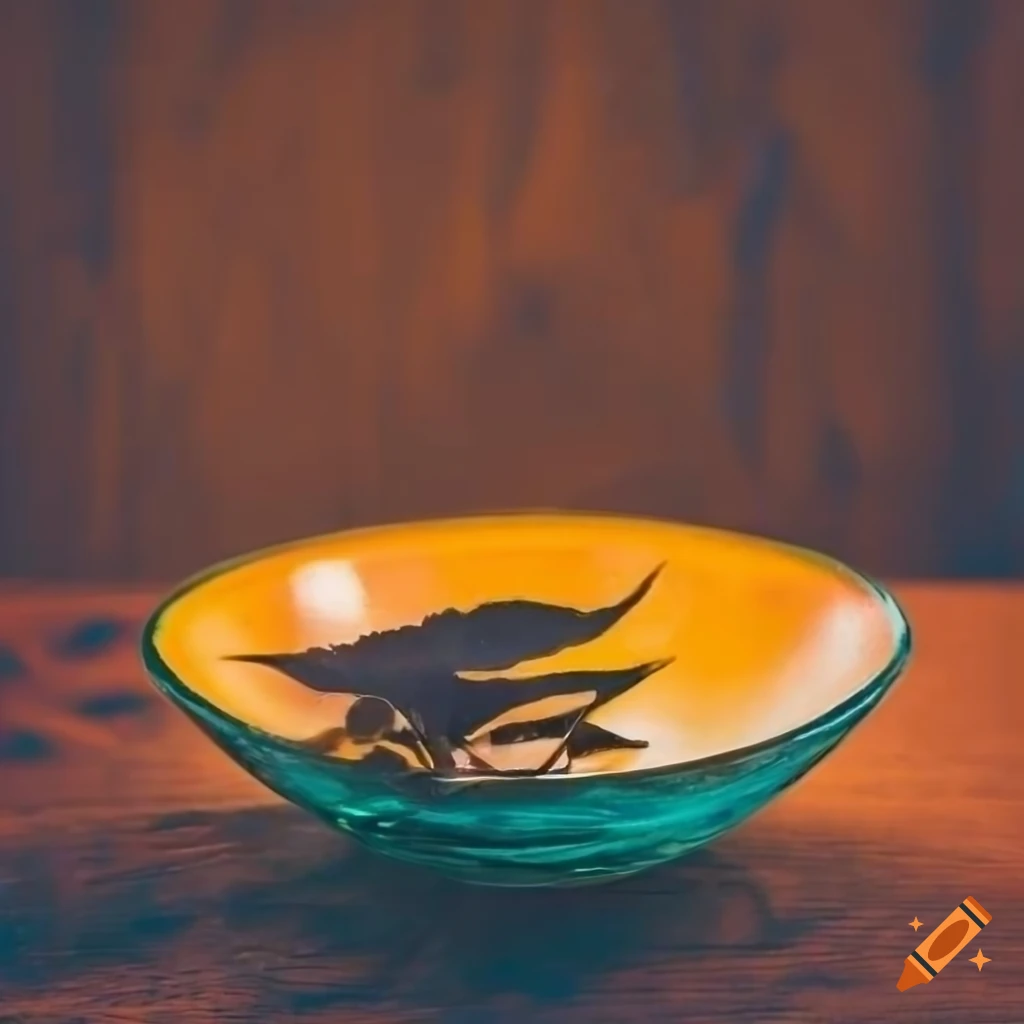Vintage glass bowl of sake on tea leaves in a cozy living room setting