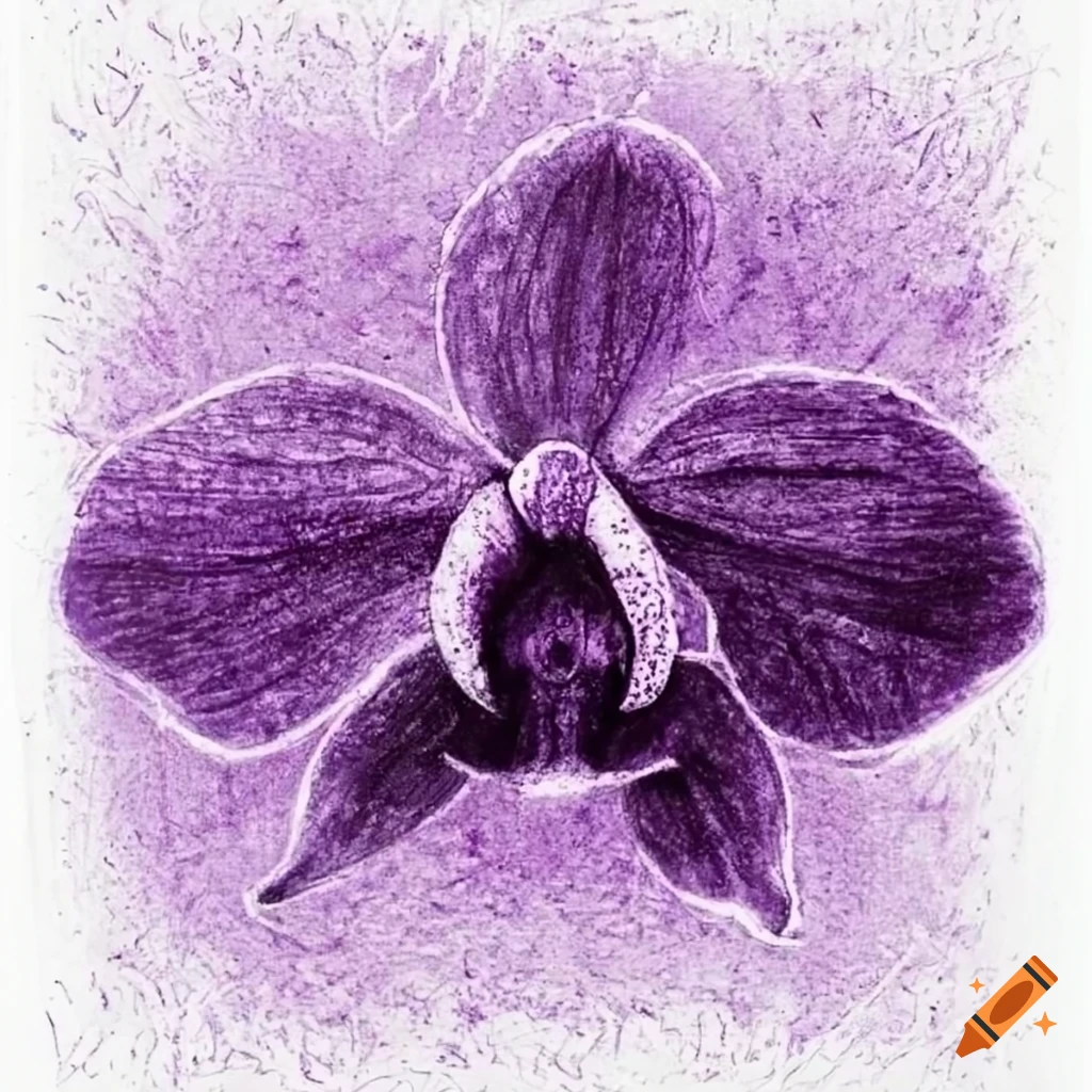 Charcoal sketch of an orchid flower with hints of purple on a white background