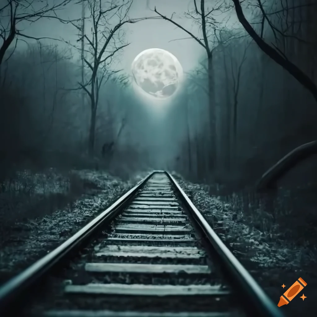 Train track in a dark forest leading towards a full moon on Craiyon