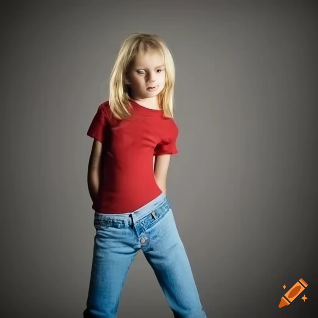 Blond girl in red shirt and blue jeans