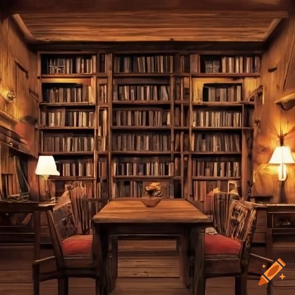 Rustic library with cozy seating and wooden tables
