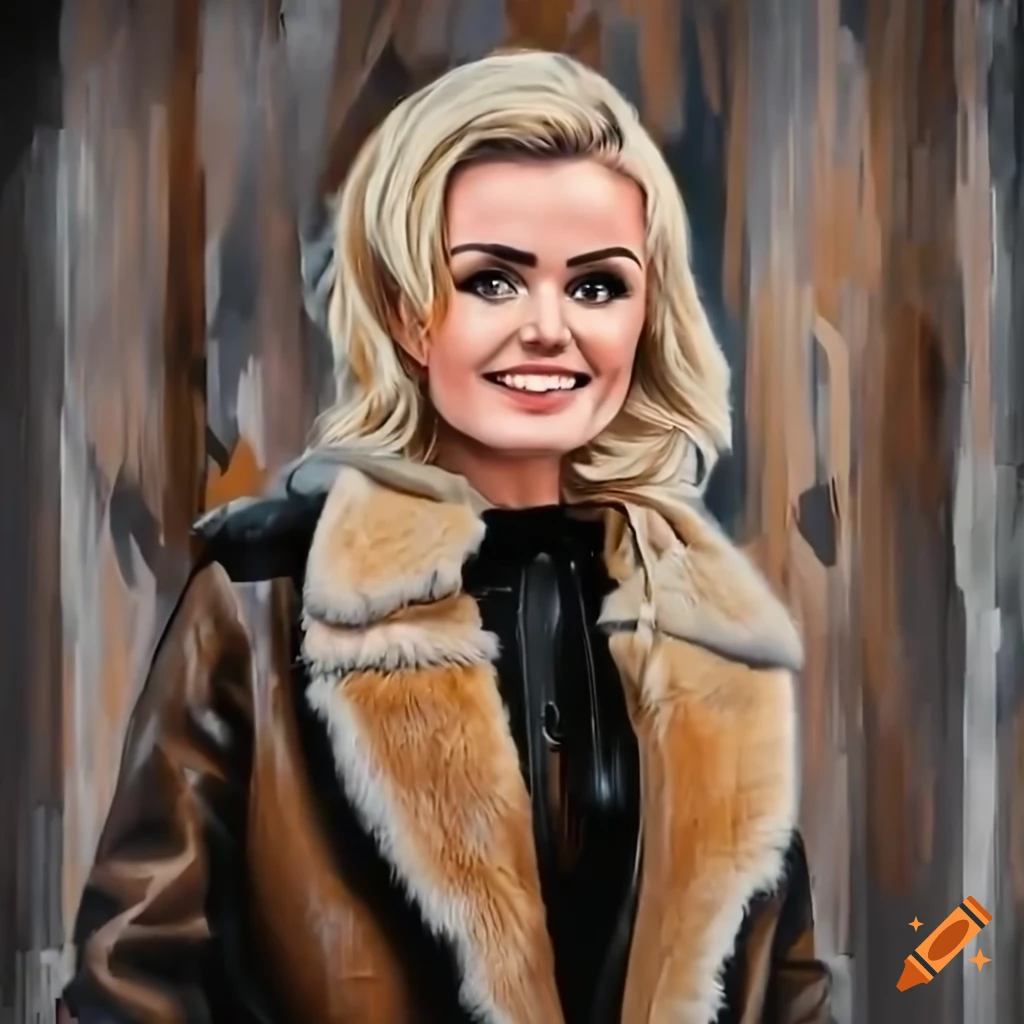 Blonde person in a brown sheepskin bomber jacket and black leather trousers standing in a doorway
