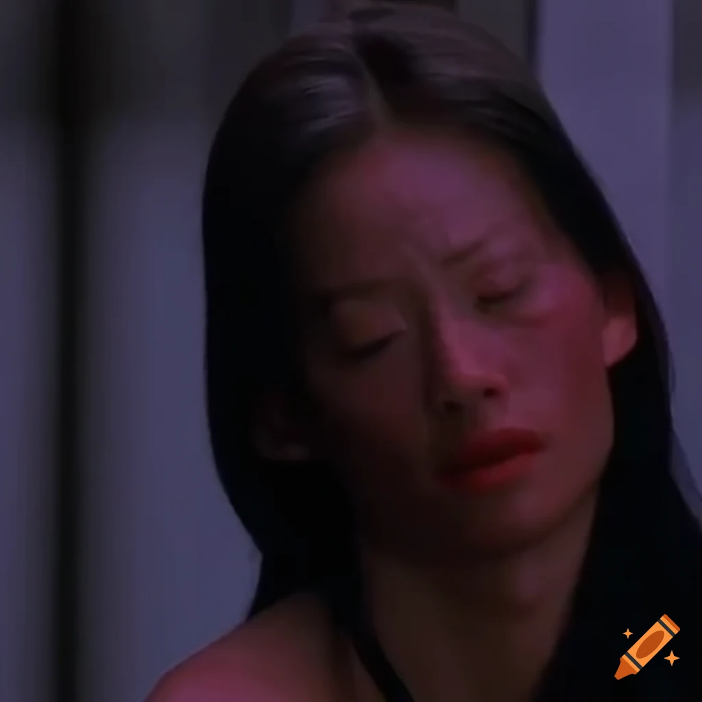 Closeup of expressive facial features of Lucy Liu in a 90's movie scene