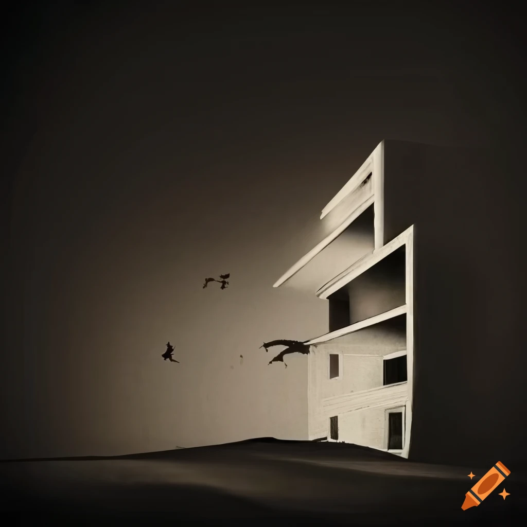 Retro 1950s surrealist graphic art depicting rooms, windows, and strange forms in white-black grey sepia tones