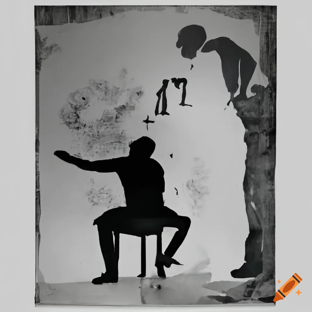 Man engaging in a unique fight with a chair in black and white stencil art