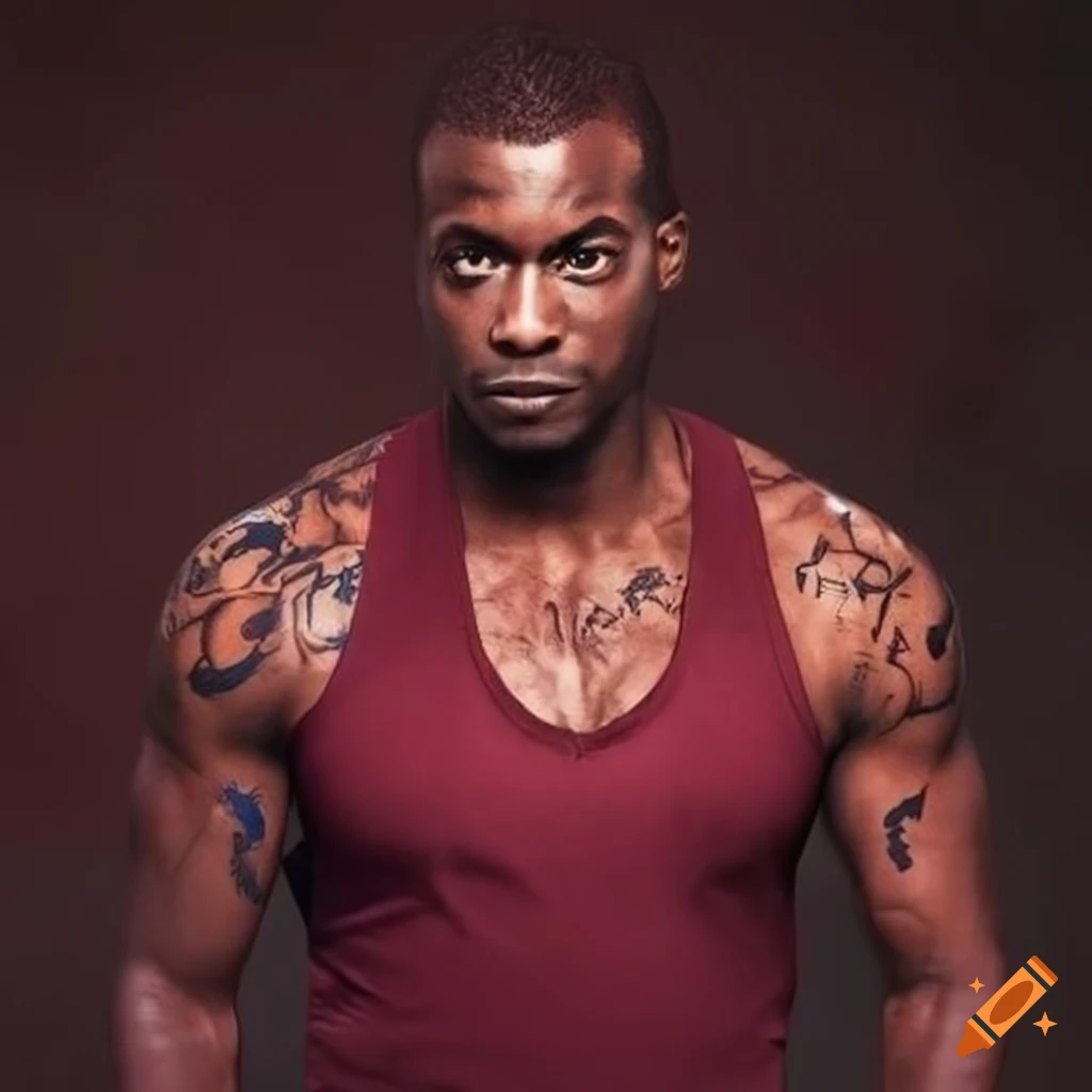 Muscular African-American man in a burgundy tanktop displaying his ink