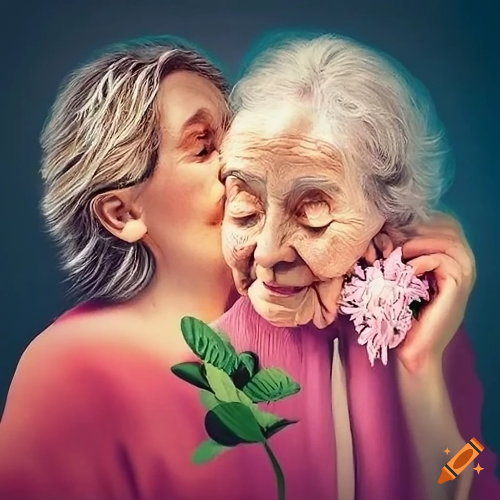 Elderly lady being cared for by a female caregiver in a happy old age home