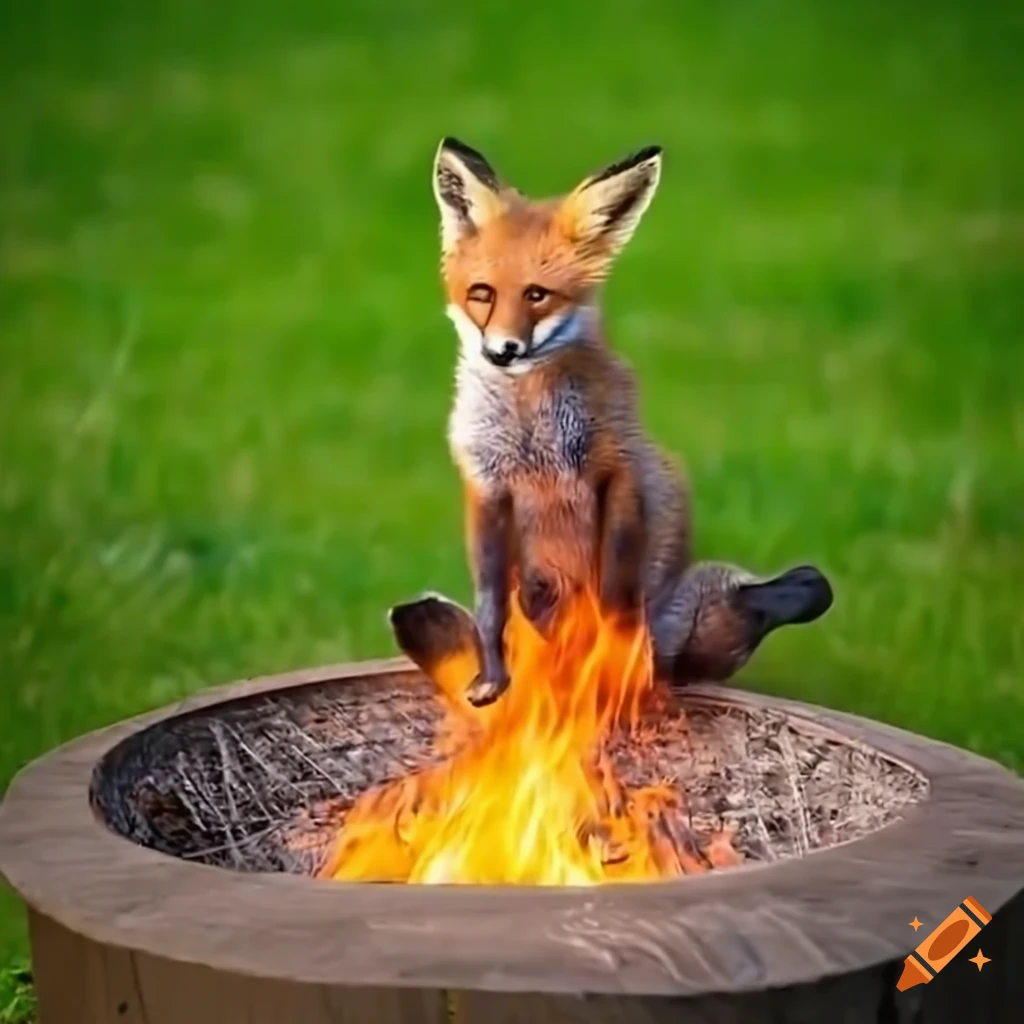 Fox jumping over fire pit in grass field on Craiyon