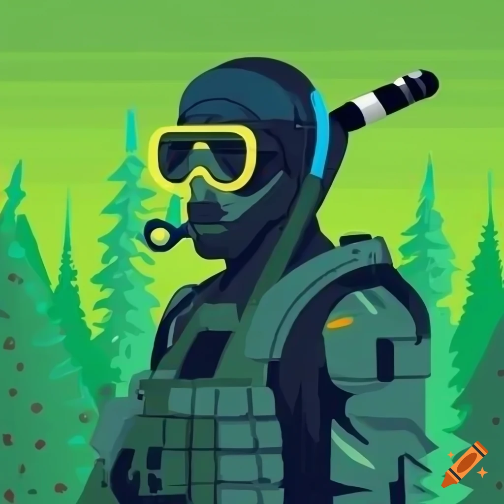 Futuristic tactical man with a snorkel in a forest setting (vector art)
