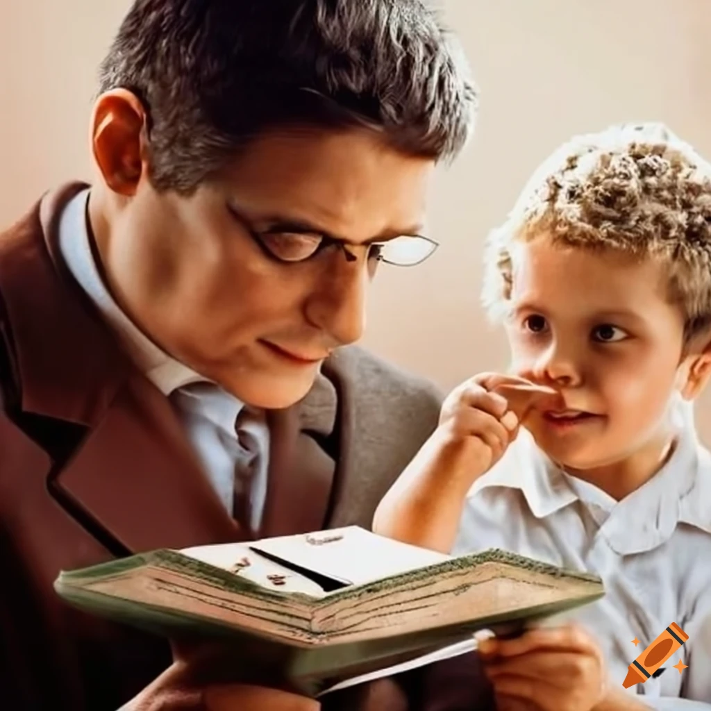 Father showing son a stamp album