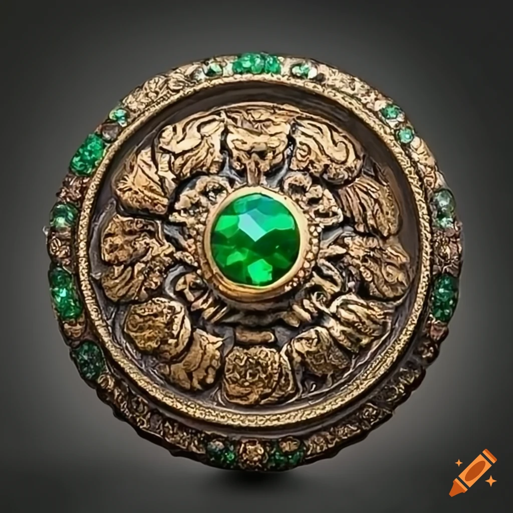 Round bronze emblem with turtle motif and emerald gemstones in full frame