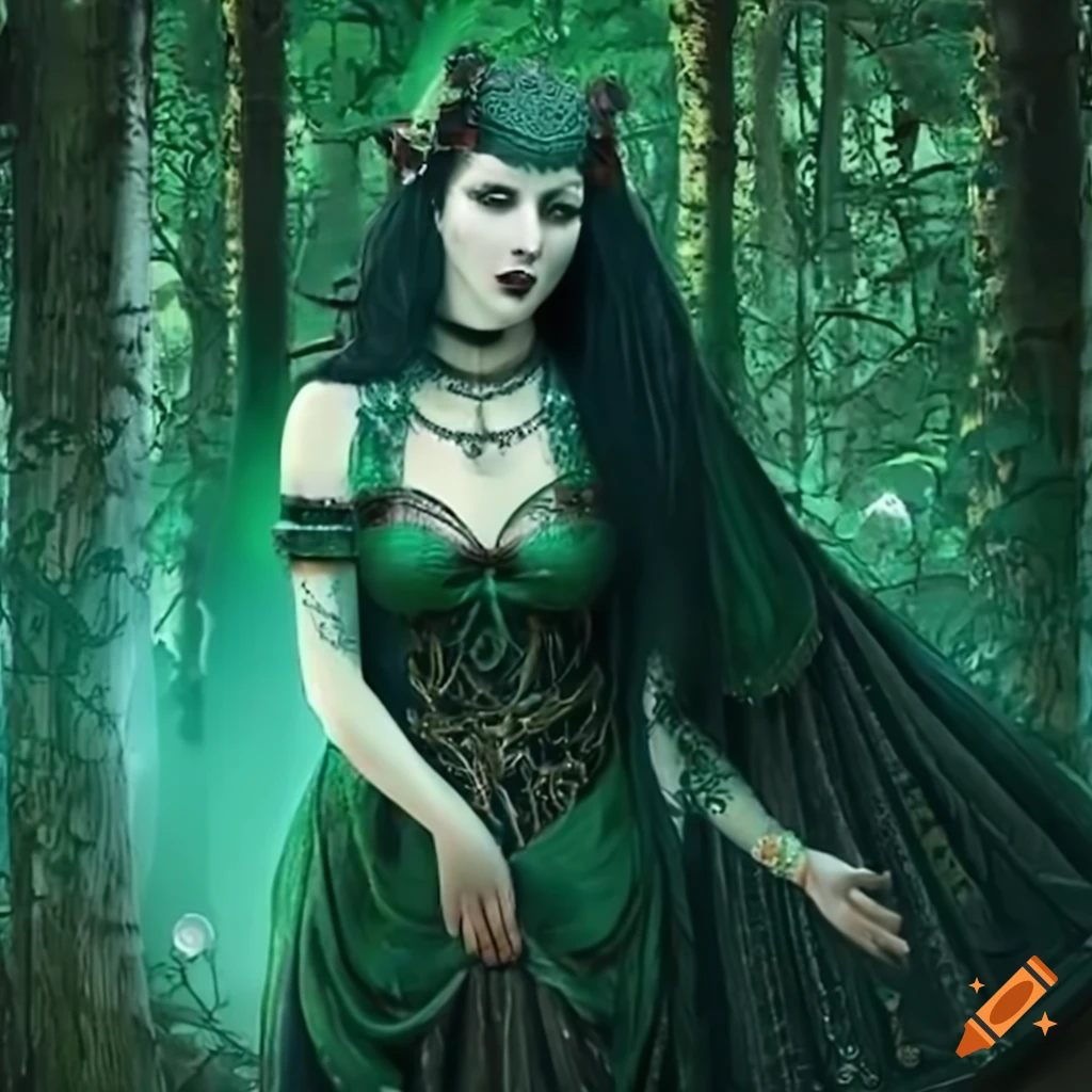 Gothic enchantress in an emerald woodland by a tranquil mountain lake